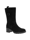 Bota negra de cuero para mujer, casual y robusta, ideal para climas fríos o terrenos irregulares.
