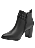 Botín negro de cuero para mujer, con tacón grueso que ofrece estabilidad y comodidad, adecuado para diversas ocasiones.