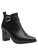 Botín negro de cuero para mujer, ideal para vestir, con diseño moderno y sofisticado, tacón medio y punta afilada.