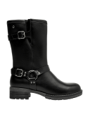 Bota de cuero negra para mujer, diseño biker con puntera redondeada que ofrece confort y estilo robusto.