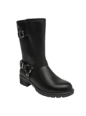 Bota negra de cuero estilo biker para mujer, diseño robusto con hebillas metálicas, ideal para motociclistas.