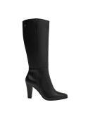 Bota negra de cuero para mujer, taco cuadrado que combina estabilidad y estilo, ideal para eventos semi-formales.