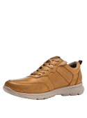 Zapato casual de cuero camel para hombre, con tirador en el talón que facilita el calzado y ajuste personalizable.