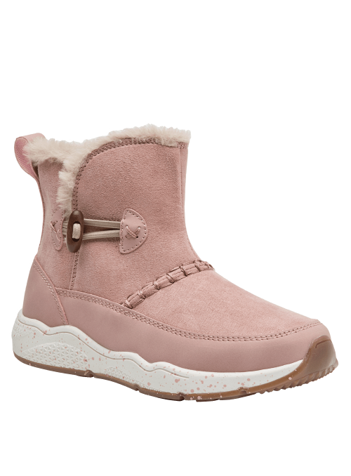 Calzado infantil rosado con suela antideslizante y diseño acogedor, perfecto para mantener los pies calientes en invierno.