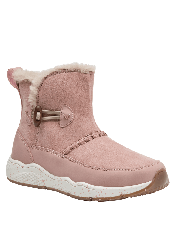 Bota camel casual para niña con apariencia de gamuza y borde de forro peludo, ideal para el invierno.