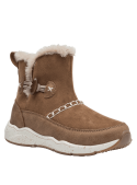 Bota camel casual para niña con apariencia de gamuza y borde de forro peludo, ideal para el invierno.