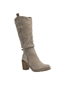 Bota taupe de cuero para mujer, estilo casual, con taco bloque de 8 cm y caña alta de 35 cm.