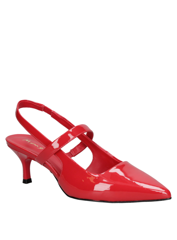 Zapato rojo de charol para mujer, diseño elegante y sofisticado en cuero, ideal para ocasiones formales, con tacón aguja.