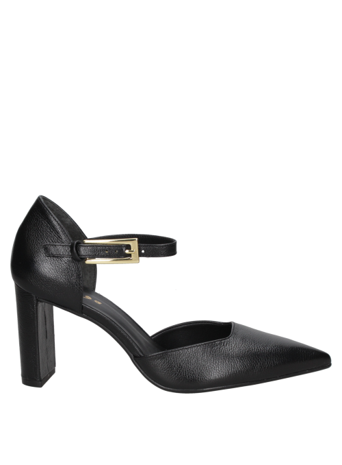 Zapato de cuero negro para mujer, casual con taco alto y grueso, punta en pico, ideal para eventos formales.