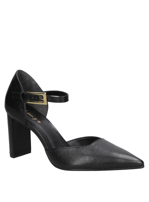 Zapato de cuero negro para mujer, casual con taco alto y grueso, punta en pico, ideal para eventos formales.