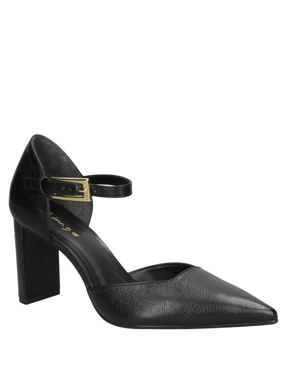 Zapato de cuero negro para mujer, casual con taco alto y grueso, punta en pico, ideal para eventos formales.