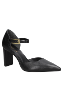 Zapato de cuero negro para mujer, casual con taco alto y grueso, punta en pico, ideal para eventos formales.
