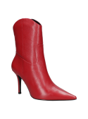 Botín rojo de cuero para mujer, diseño elegante con tacón alto que ofrece un ajuste cómodo y apariencia estilizada.