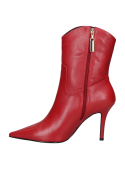 Botín de cuero rojo con punta afilada, estilo casual para mujer, perfecto para ocasiones formales que estilizan la figura.