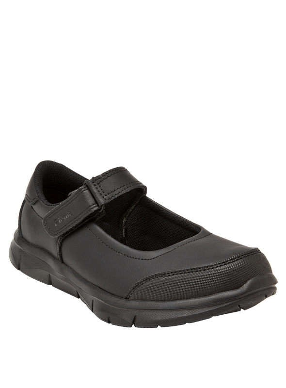 zapatilla colegial negra de cuero para niña con diseño Mary Jane, correa ajustable y punta redondeada para comodidad.