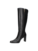 Bota de cuero negro para mujer, con cierre decorativo y textura clásica, ofrece estabilidad y protección.