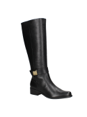 Bota negra de cuero para mujer, caña alta, estilo casual, ideal para días fríos por su elegancia clásica.
