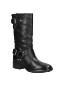 Bota biker negra de cuero para mujer, robusta y funcional, ideal para estilo urbano, con caño alto y hebillas.