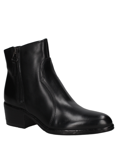 Botín de cuero negro para mujer, suela robusta adecuada para diversas superficies, versátil para distintas ocasiones.