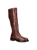 bota café de cuero liso para mujer, diseño clásico y elegante, caño alto bajo la rodilla y punta redondeada.