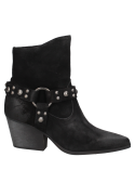 Botín negro de cuero para mujer, diseño sofisticado con taco cubano y detalles metálicos, ideal para uso diario o casual.
