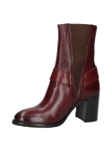 Elegante botín burdeo de cuero con tacón cubano medio, ideal para uso prolongado con estabilidad y comodidad.