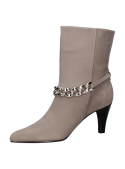 Botín elegante de cuero taupe para mujer, versátil para combinar con diversas prendas, ideal para altura y estabilidad.