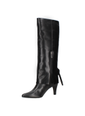 Bota de cuero negra para mujer, caña alta y taco delgado, perfecta para un look chic y moderno en cualquier ocasión.