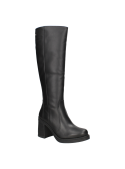 Bota negra de cuero para mujer, diseño elegante con corte alto hasta la rodilla, ideal para un look casual sofisticado.