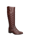 Bota de cuero café para mujer, diseño elegante con taco bajo estable y suela cómoda, ideal para uso diario.