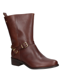 Bota de cuero café para mujer, estilo casual y elegante con hebilla ajustable, ideal para un look versátil.