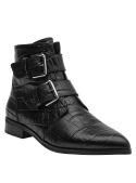 Botín negro de cuero para mujer, diseño moderno con textura de cocodrilo, caña media y correas con hebillas metálicas.
