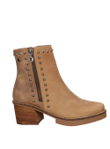 Botín camel de cuero para mujer, con taco cuadrado medio y detalles de tachas, cómodo y estable para uso diario.