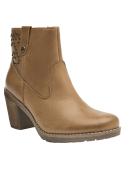 Botín camel de cuero para mujer, con taco medio y suela antideslizante robusta, perfecto para comodidad prolongada.