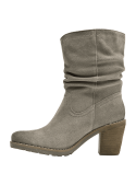 Calzado de cuero taupe femenino, con taco cuadrado medio y suela robusta antideslizante, ideal para un look moderno.