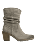 Bota de cuero taupe para mujer, estilo casual y elegante, con diseño de media caña y pliegue arrugado en el tobillo.