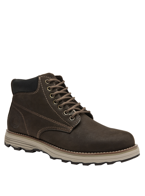Botín marrón de cuero gamuzado para hombre, ideal para actividades al aire libre, con diseño robusto y detalles cuidados.