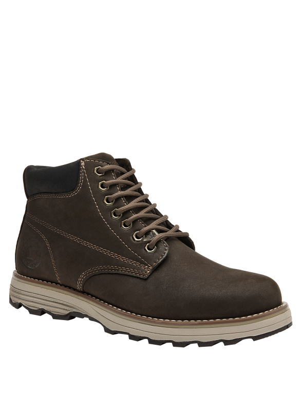 Botín camel de cuero gamuzado, estilo utilitario, suela con patrón de tracción, perfecto para un look urbano y práctico.