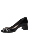 Zapato de charol negro para mujer, mocasín elegante con tacón cuadrado medio y hebilla doble en el empeine.