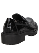 Mocasín de charol negro para mujer, diseño en cuero con suela resistente tipo track, estilo clásico y contemporáneo.