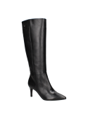 Bota de cuero negro para mujer, diseño elegante de caña alta y taco fino, ideal para eventos formales.