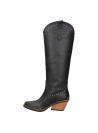 Bota de cuero negro para mujer, con detalles metálicos y refuerzo en el talón, combinando elegancia y funcionalidad.