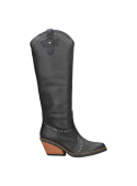 Bota vaquera de cuero negro para mujer, con corte alto y tachas metálicas, ideal para un estilo sofisticado y versátil.