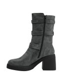 Bota de cuero gris para mujer, con taco cuadrado alto que proporciona altura y un toque moderno y robusto.