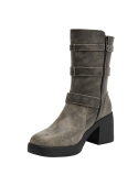 Bota taupe de cuero con caña alta y tres correas ajustables, ideal para mujer en estilo casual.