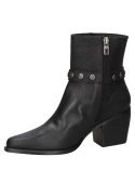 Botín negro de cuero para mujer con correa decorativa y hebilla, diseño elegante con punta levemente afilada.