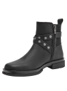 Botín negro de cuero para mujer con textura animal print, diseño robusto y moderno con tachas y cierre lateral.