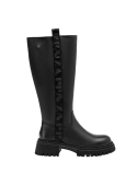 Bota casual de cuero negro para mujer, resistente al agua, con caña alta y detalles en relieve, ideal para clima lluvioso.