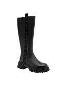 Bota negra de cuero para mujer, casual, caña alta y suela gruesa dentada. Ideal para invierno y terrenos irregulares.