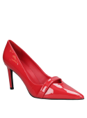Zapato de vestir rojo brillante para mujer, con suela delgada y taco alto, perfecto para ocasiones elegantes.
